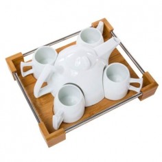 Service à thé 4 personnes porcelaine plateau bois