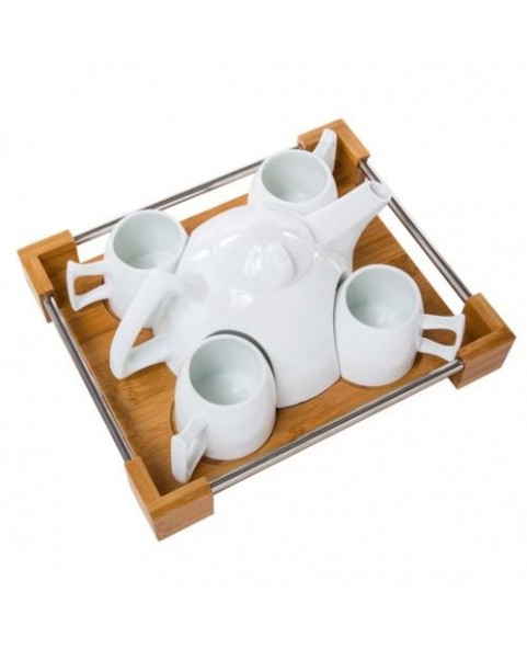 Service à thé 4 personnes porcelaine plateau bois